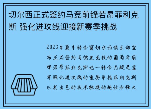 切尔西正式签约马竞前锋若昂菲利克斯 强化进攻线迎接新赛季挑战