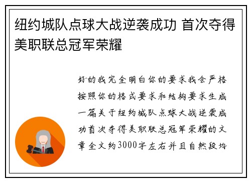 纽约城队点球大战逆袭成功 首次夺得美职联总冠军荣耀 纽约城队点球大战逆袭成功 首次夺得美职联总冠军荣耀
